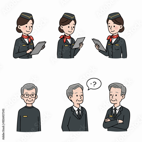 Cartoon set of professional service staff portraits, including a flight attendant with a tablet and senior businessmen in various poses, isolated on white.