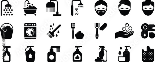 Cleanliness hygiene icons featuring washing tools, sanitizing products, personal care routines, bathroom essentials, cleaning supplies, and handwashing safety symbols in bold vector style