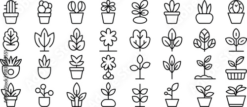 Botanical houseplant icons featuring potted plants, leafy foliage, indoor gardening elements, nature growth symbols, minimal line art decorative greenery illustration set