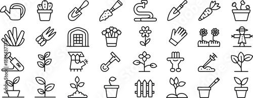 Collection of gardening line icons featuring tools, plants, flowers, pots, and garden equipment for landscaping, farming, horticulture, and outdoor cultivation projects