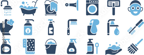 Collection of hygiene, cleaning, washing, and sanitation icons featuring bath, shower, soap, detergents, laundry tools, and household cleaning supplies