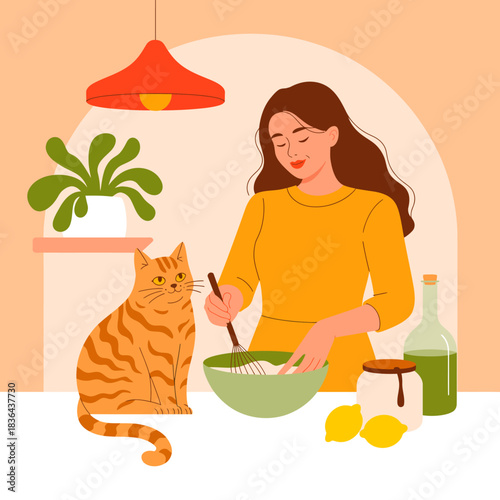 This charming illustration shows a woman cooking in the kitchen with her playful cat, conveying a sense of warmth, companionship, and the joys of home-cooked meals.