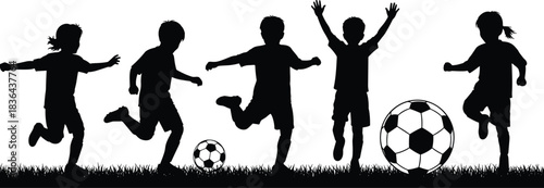 Black silhouette of five energetic children running and kicking soccer balls on a grassy field, symbolizing youth sports, outdoor play, physical education, and teamwork activity.