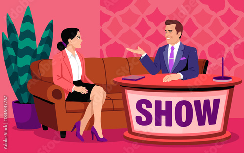 A charming talk show host interviews a guest on a stylish set, highlighting the exchange of ideas and entertainment in the world of television talk shows.