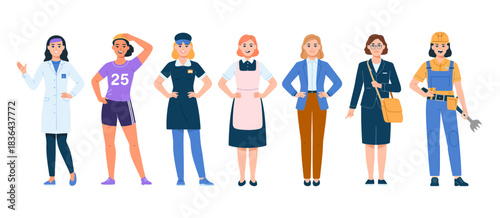 A lineup of women representing different professions showcases diversity and empowerment, highlighting the variety of roles women play in society and the workforce today.