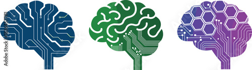 Colorful futuristic brain vector set combining circuit patterns, neural lines, and geometric technology elements representing artificial intelligence and digital innovation