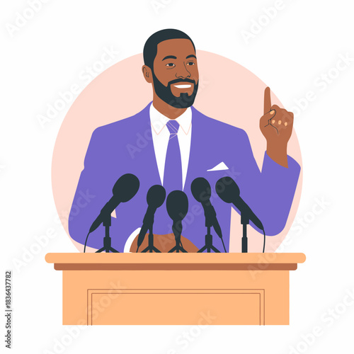 An illustration of a confident speaker at a podium with multiple microphones, passionately addressing the audience, symbolizing leadership, inspiration, and public speaking.
