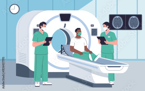 Two healthcare experts converse while examining a patient about to undergo a CT scan. The image highlights teamwork and technology in medical diagnostics.
