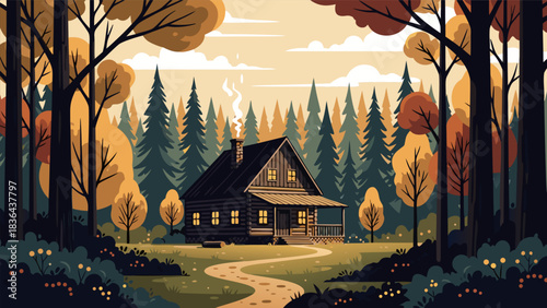 Cozy cabin nestled amidst vibrant autumn forest with smoking chimney and pathway leading to entrance, evoking warmth and tranquility