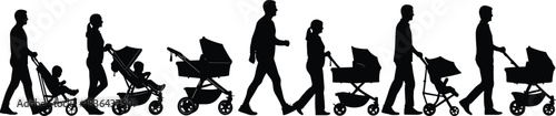 Collection of black silhouettes of mothers and fathers pushing baby strollers and prams, isolated on white, symbolizing modern parenting, family walks, infant care, and outdoor activity.