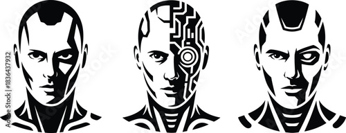 Futuristic cyborg portrait set featuring three robotic male android heads in bold black and white vector style for digital design