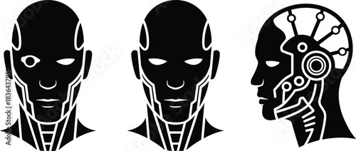 Futuristic robotic head silhouettes featuring advanced artificial intelligence design, cybernetic technology, mechanical details, and modern sci-fi android face concepts for innovation themes