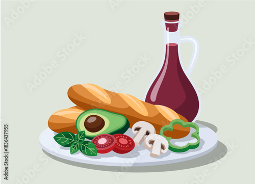An appetizing arrangement of fresh vegetables, bread, and a bottle of oil creates a delightful and vibrant culinary presentation that's sure to entice food lovers.