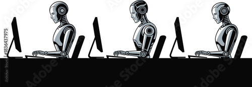 Futuristic robots working at computers in a modern office environment representing artificial intelligence productivity, automation workflow, and advanced technology systems