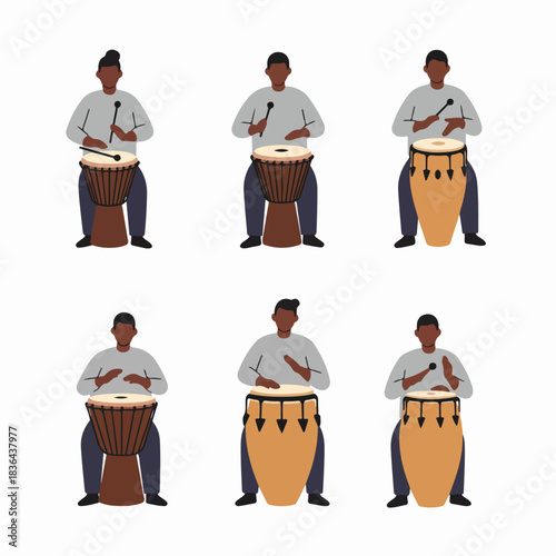 African men playing traditional percussion instruments, including Djembe and Conga drums, performing various musical rhythms and styles.