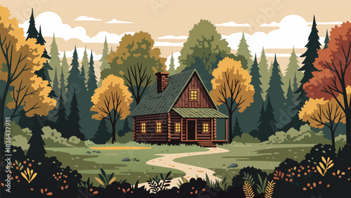 Cozy wooden cabin nestled amidst a vibrant autumn forest with trees showcasing fall colors and a winding path leading to the entrance