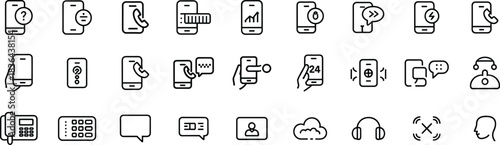 Mobile communication, customer support, phone calls, messaging, contact center, helpline services, smartphone interaction, and digital assistance line icon set for modern technology use
