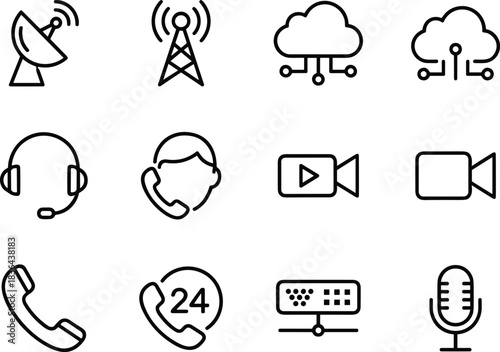 Modern communication, networking, and support service icon set featuring cloud technology, video calls, customer assistance, telephony tools, and digital connectivity elements