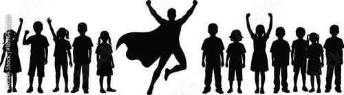 Black silhouette of a superhero figure in a cape with hands raised, standing among a crowd of cheering children, symbolizing leadership, power, confidence, dreams, and heroism.