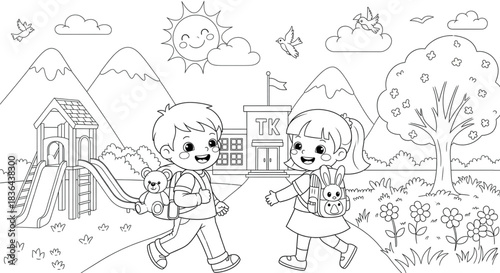 Happy Children Walking to School Building with Playground for Education Design