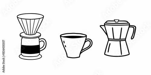 Three coffee preparation methods including pour over a cup and a moka pot in a simple line drawing