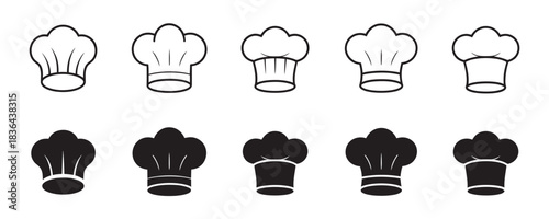 Variety of chef hats in black and white line art styles