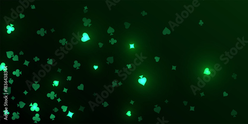 Casino pattern. Green flying glowing playing cards on black background. Sparkling hearts, clubs, diamonds and spades on dark. Online casino concept. Luxury vector illustration.