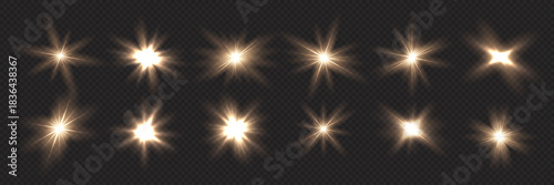 Light glares set. Golden glowing light flare with soft blurred rays on transparent background. Bright shining burst with smooth gradient illumination and glow effect. Abstract vector illustration.