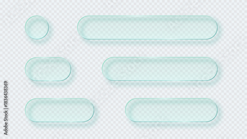 Green transparent glass buttons. Liquid glass design elements with morphism effect. Modern digital interface icons for web and app design with rounded frame and subtle shadow. Vector illustration.