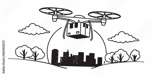 Drone delivering a package over cityscape with trees and clouds in black and white outline style