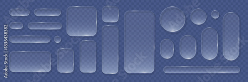 Transparent glass buttons. Liquid glass design elements with morphism effect. Modern digital interface icons for web and app design with rounded frame and subtle shadow. Vector illustration.