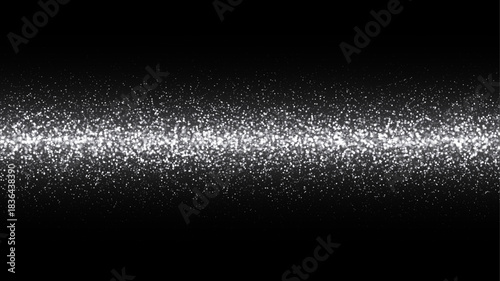 Silver glitter confetti line on black. Shiny glowing particles forming bright horizontal band. Elegant festive decoration for luxury themes. Trendy vector illustration.