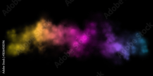 Halftone color cloud pattern with retro dot gradation creates abstract sky background. Retro pop art style for art designs, vintage prints, graphic textures with grunge effect. Vector illustration.