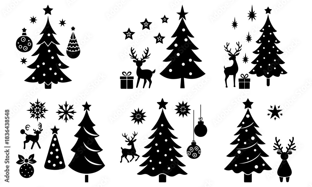 Obraz premium Collection of christmas trees with ornaments stars snowflakes reindeer and gift boxes in black and white
