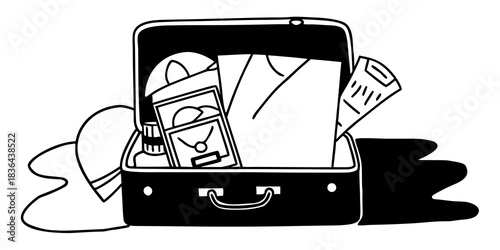 Open suitcase with clothes, a hat, a bottle, a photo frame, and tickets ready for a trip packed inside