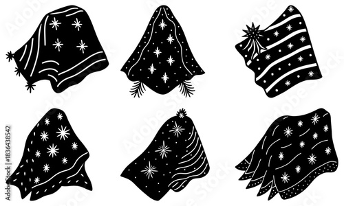 Collection of six black and white patterned shawls with stars and stripes design elements isolated
