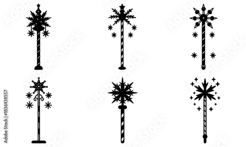 Collection of six decorative snowflake topped poles with varying designs and striped pole patterns shown in black