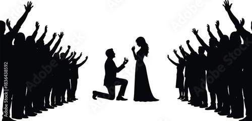 Black silhouette of a man proposing on one knee to a woman, surrounded by an excited crowd with hands raised, symbolizing marriage, celebration, wedding, and special public events.