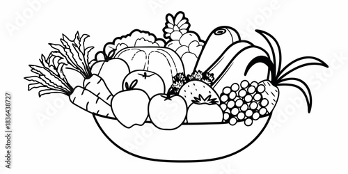 A black and white outline drawing of a bowl filled with various fruits and vegetables assortment display