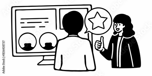 Person receiving positive feedback with star in speech bubble near computer screen illustration is shown