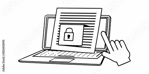 Laptop with document showing padlock and hand pointing at the screen in black and white line art