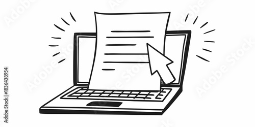 Laptop displaying a document with a cursor pointing at it in a black and white doodle style drawing