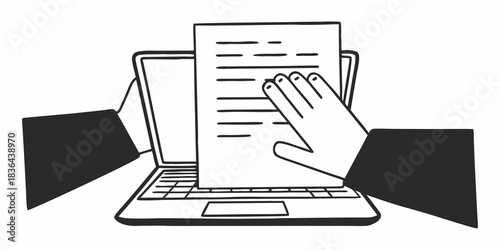 A person interacting with a document overlayed on a laptop screen with their hand visible on it