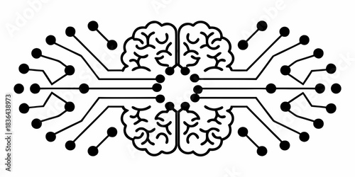 Illustration of a brain connected to a circuit board with black lines and circles design element