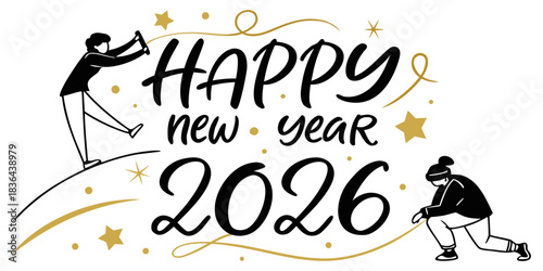 Vector illustration. Handwritten textured brush ink lettering of Happy New Year on white background