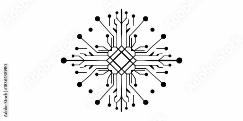 Abstract circuit board design with a central square and radiating lines and dots on white background