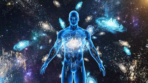 Man Surrounded by Galaxies and Nebulae Representing AI and Cosmic Consciousness male human.