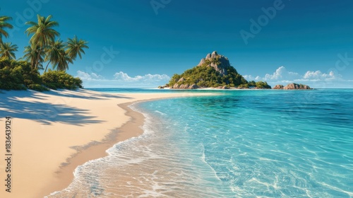 A tranquil tropical beach features soft white sand and lush palm trees. The clear blue water gently caresses the shore while a small island is visible in the distance under a bright sky.