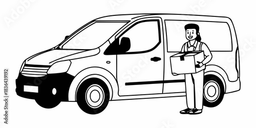Delivery person holding a package standing next to a delivery van in black and white outline style