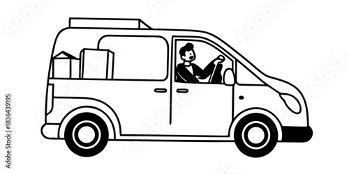 Illustration of a delivery van with a driver and boxes in the back viewed from the side profile